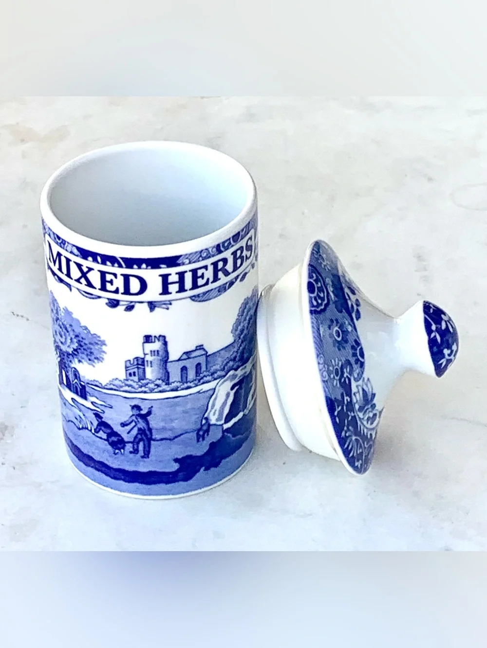 SPODE BLUE ITALIAN  Blue and White 'Mixed Herbs' Ceramic Spice Jar with Lid 4IN